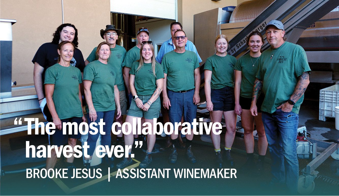 Brooke Jesus, Assistant Winemaker quote on the crush pad at Hester Creek with full winemaking team.